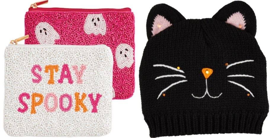 beaded pouches and black cat beanie