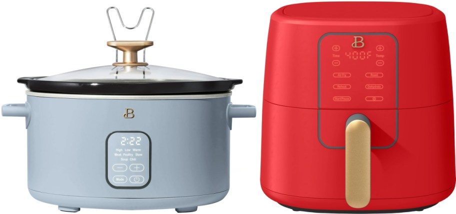 A modern kitchen appliance set featuring a light blue slow cooker with a digital display and lid, and a red air fryer with touch controls and gold accents.