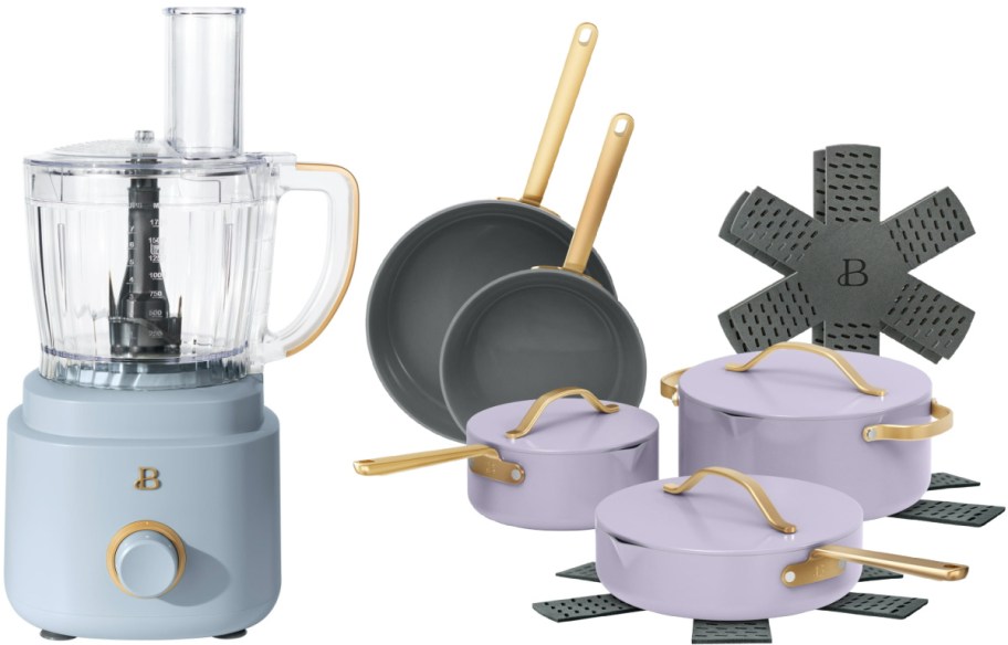 A stylish kitchen set featuring a blue food processor with a clear bowl, gold-accented controls, and purple pots with gold handles alongside non-stick pans.