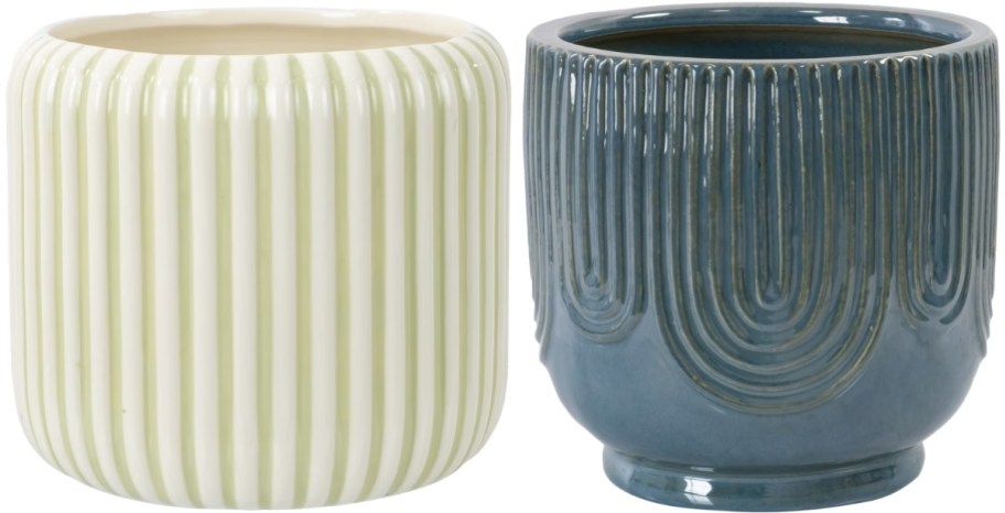 sage and white striped planter and a blue glazed ceramic planter
