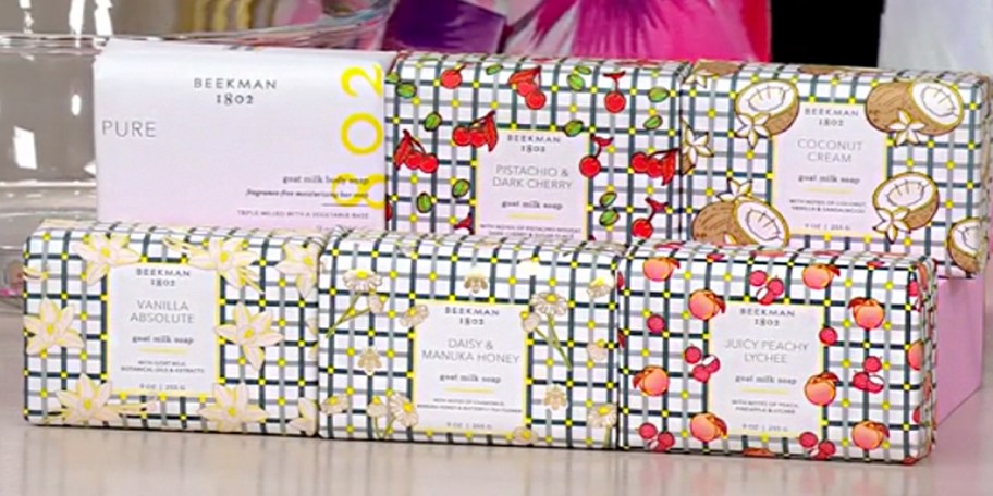 six beekman goat soaps on counter