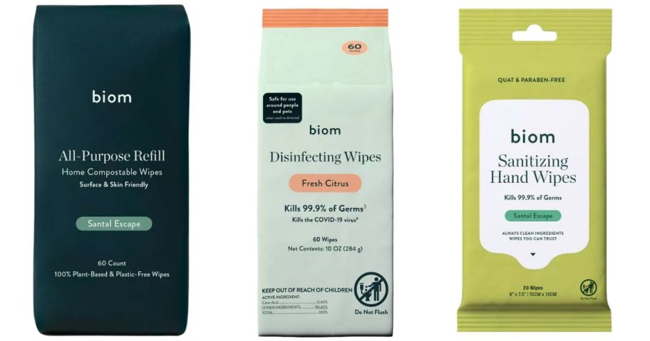 three biom wipes packages