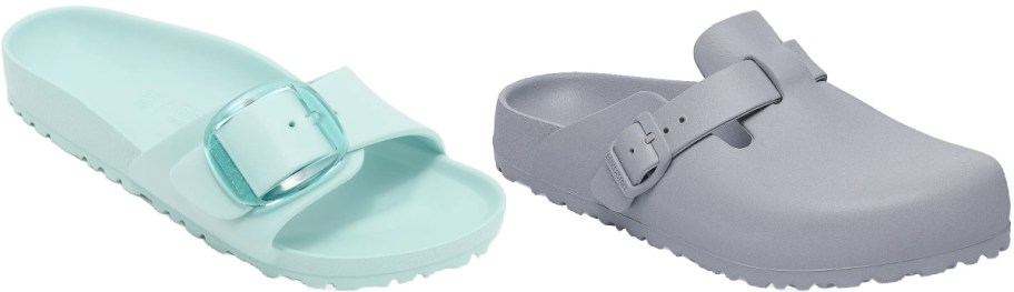 Two shoes are side by side: a mint green slip-on sandal with a translucent buckle, and a light gray closed-toe clog with an adjustable strap.
