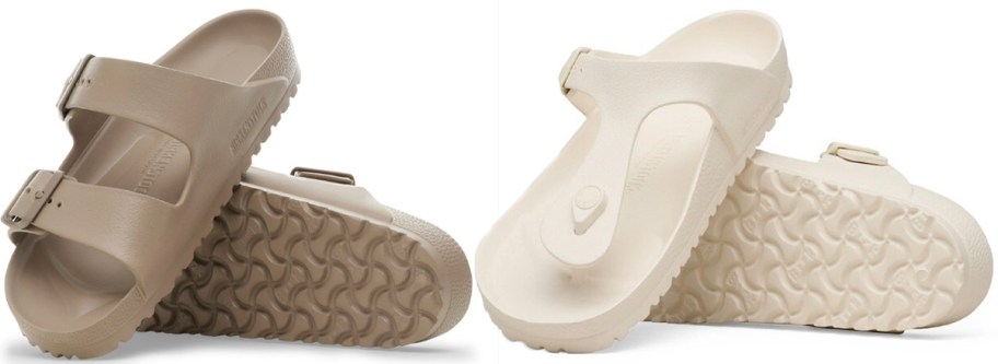 brown and white slides and sandals 