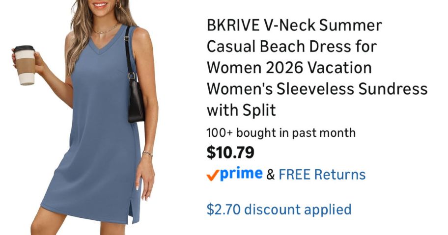 woman wearing blue dress next to Amazon pricing information