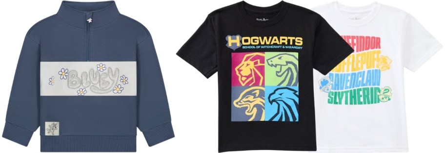 girls bluey sweatshirt and boys 2 pack hogwarts tees
