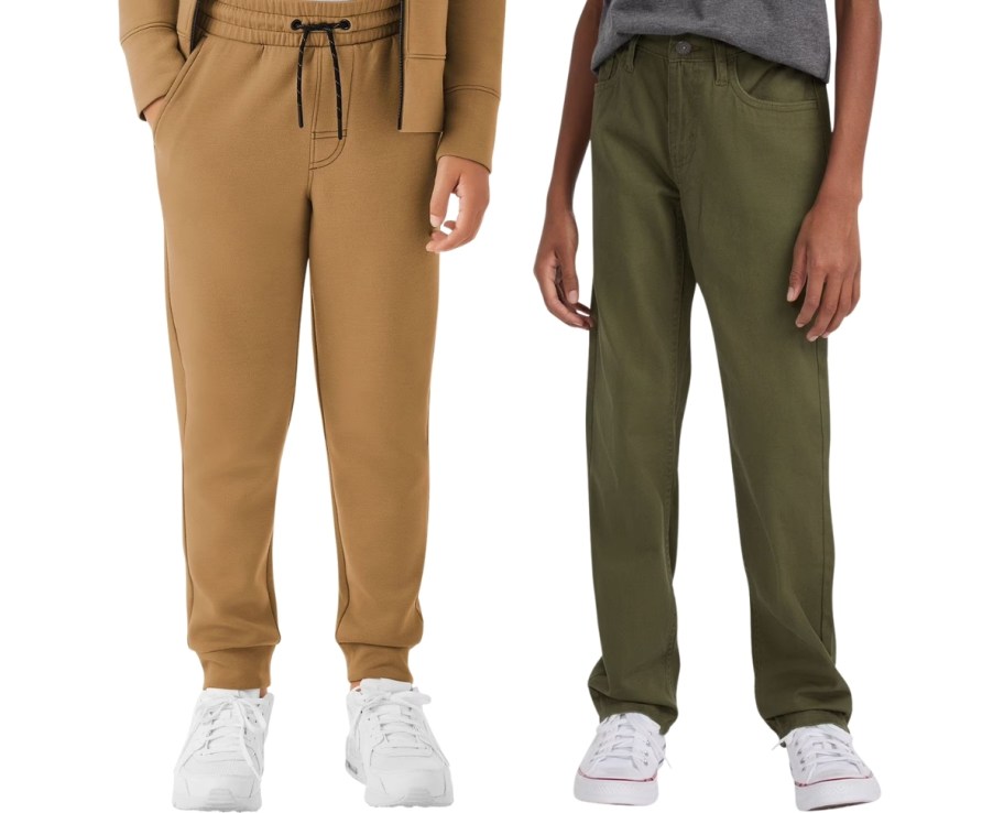 a boy in a pair of joggers nd a boy in a pair of jeans