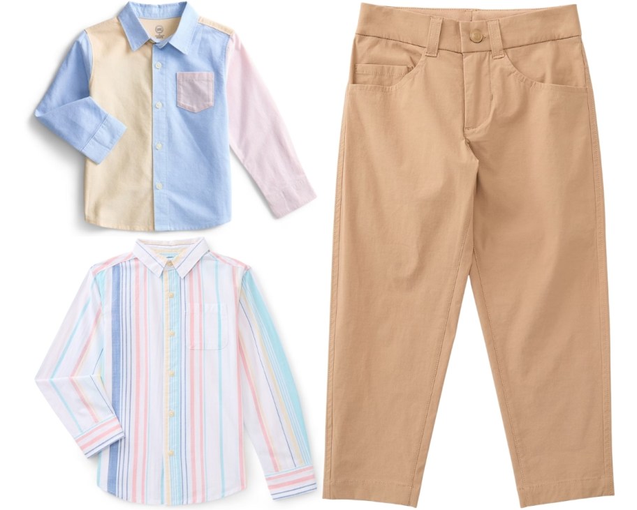 2 boys button down shirts and a pair of pants