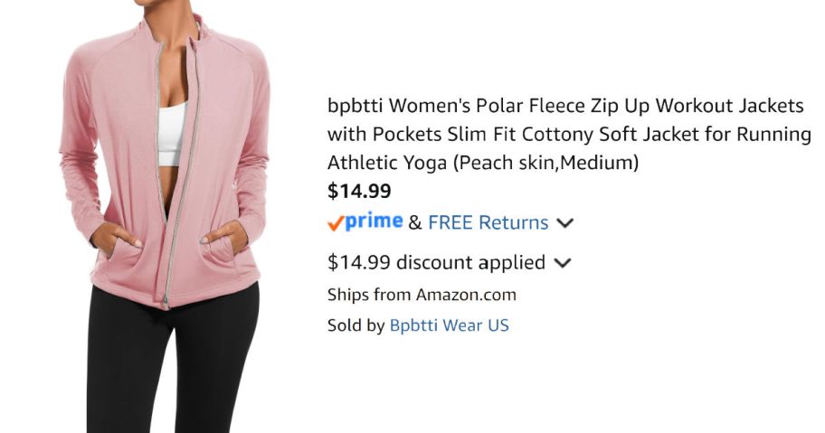 woman wearing pink jacket next to Amazon pricing information
