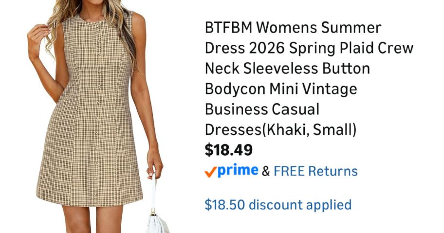 woman wearing tan dress next to Amazon pricing information