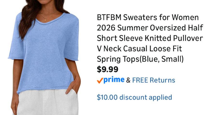 woman wearing a blue sweater next to Amazon pricing information