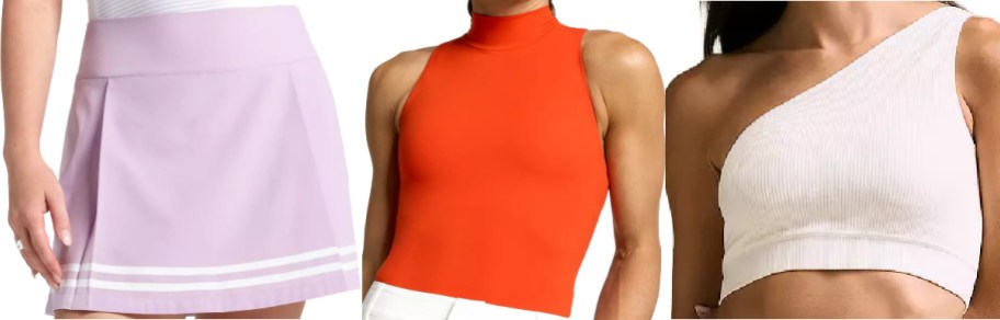 Three clothing items displayed: a light purple skirt with white stripes, an orange sleeveless top with a high collar, and a white one-shoulder cropped bra.