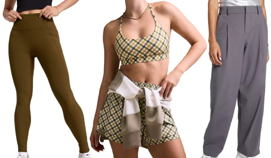 A display of women's athletic wear including high-waisted leggings, a stylish crop top with a checkered pattern, and loose-fitting gray pants.