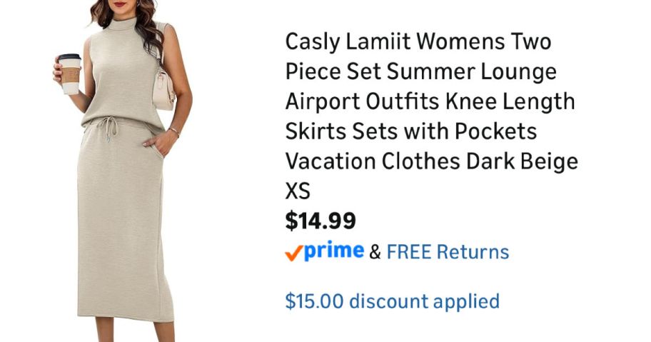 woman wearing beige outfit next to Amazon pricing information
