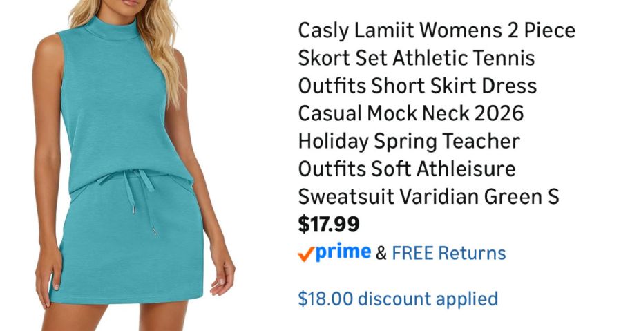 woman wearing turquoise outfit next to Amazon pricing information