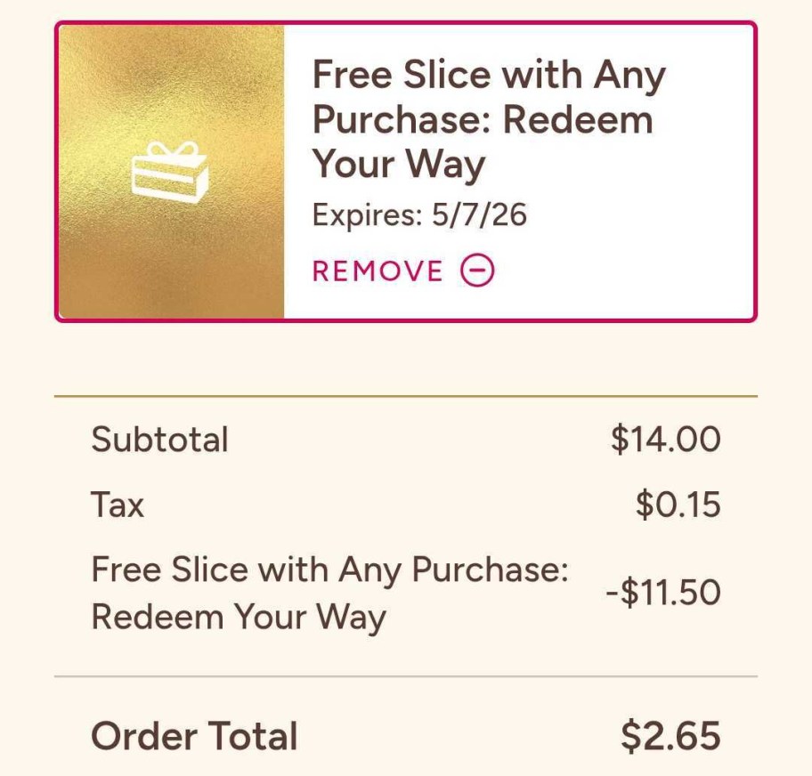 screenshot showing free cheesecake slice