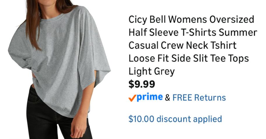 woman wearing gray shirt next to Amazon pricing information