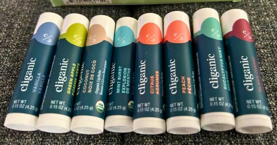 8 lip balms on a table