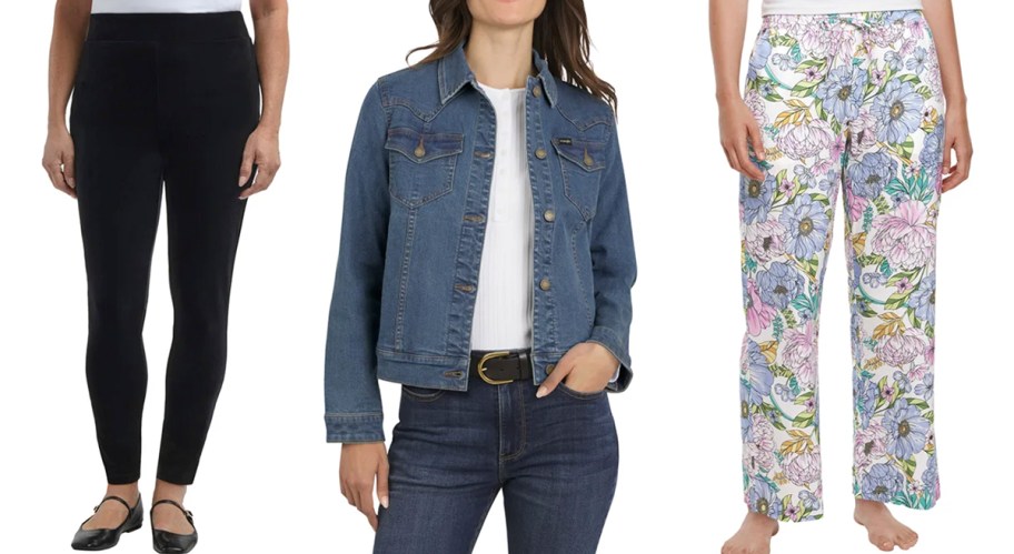 women wearing black leggings, womens denim jacket, and floral pajama pants 