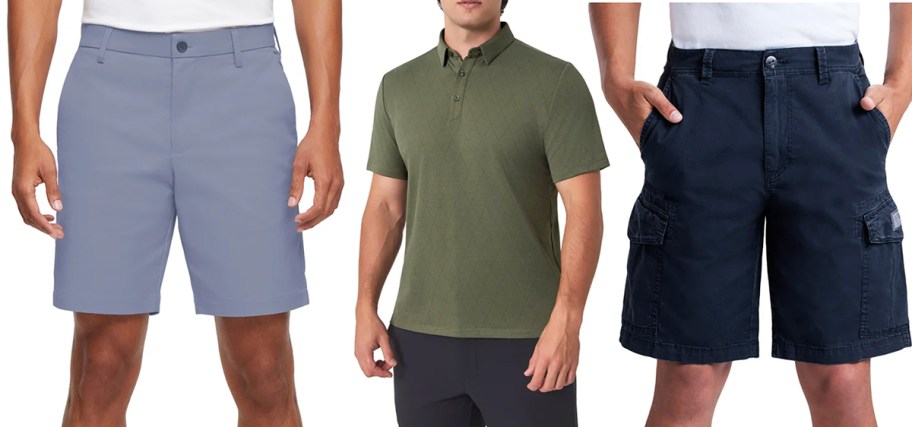 men wearing blue shorts and green tee 