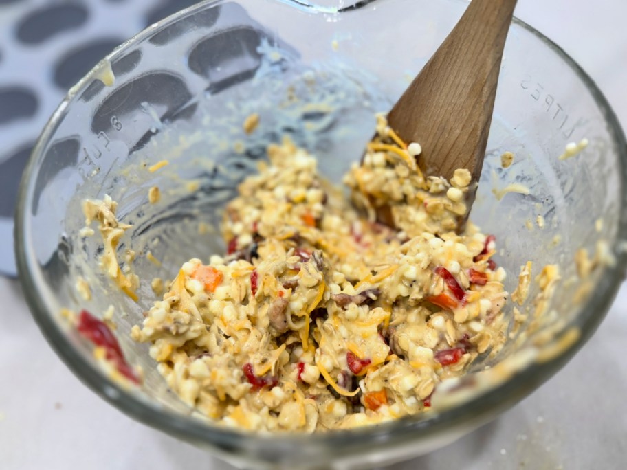 mixing up cottage cheese muffins