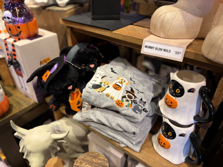 A display of Halloween-themed merchandise, including a gray shirt with spooky designs, black plush toys, and mugs featuring Halloween motifs.