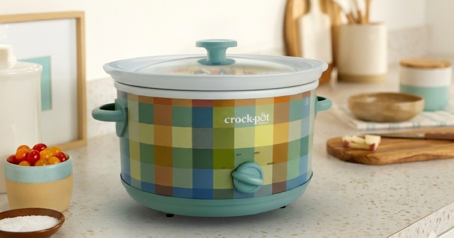 plaid slow cooker on a kitchen counter