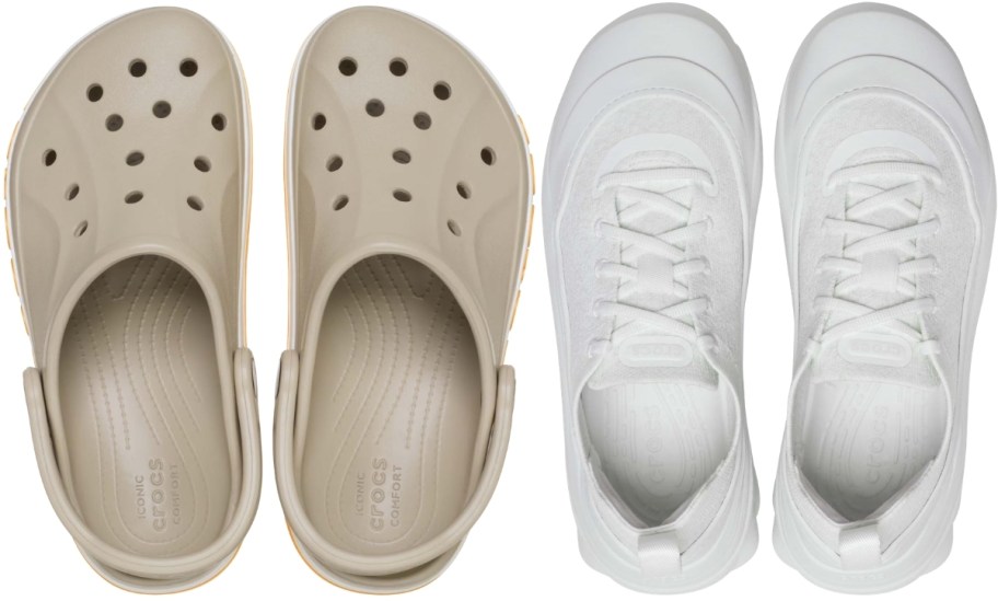 a pair of tan crocs clogs and white crocs sneaker