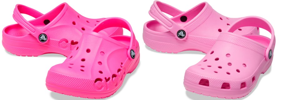 two pairs of pink clogs 