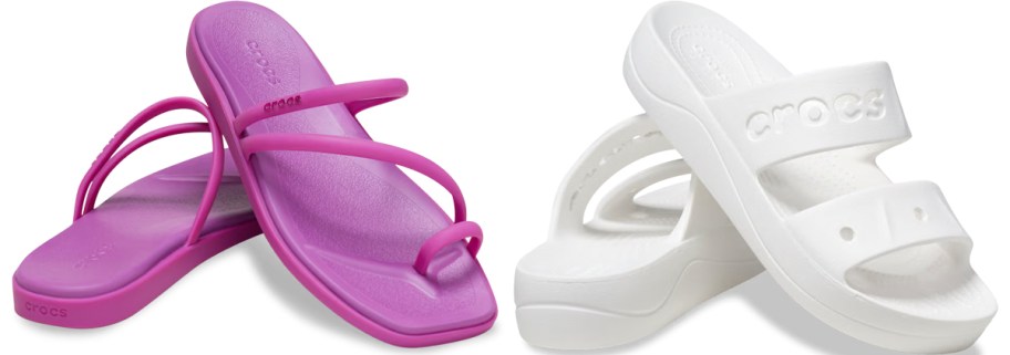 pink and white clog sandals and slides