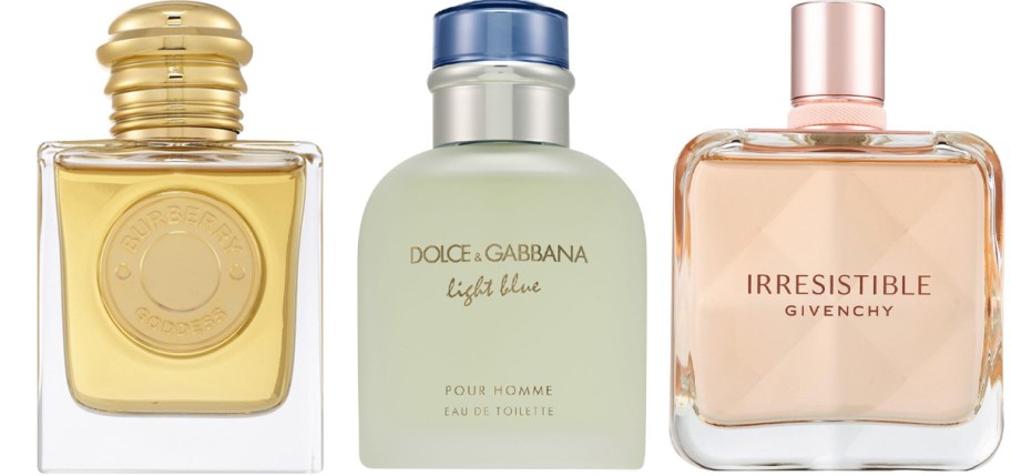 burberry, dolce & gabbana, and gvinchi fragrance bottles 