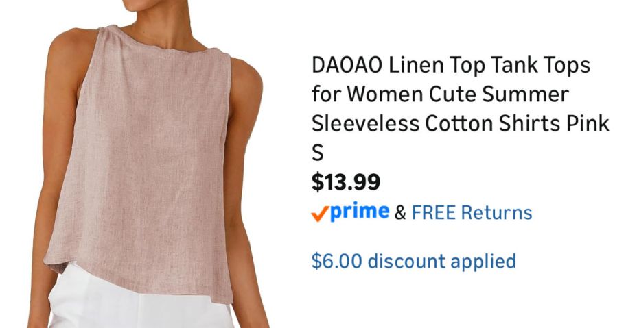 woman wearing sleeveless shirt next to Amazon pricing information