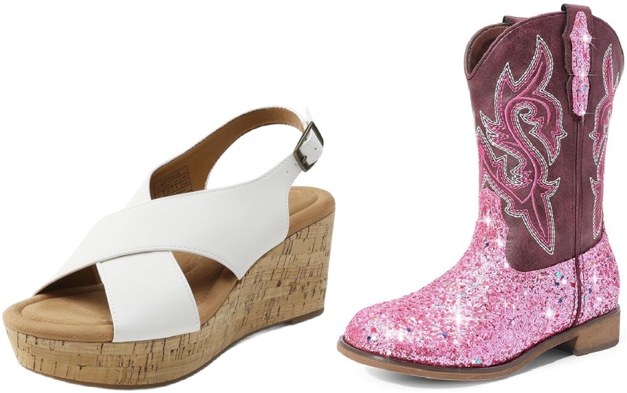 A white wedge sandal with a cork sole and a silver buckle is next to a pink glittery cowboy boot with brown upper and embroidered details.