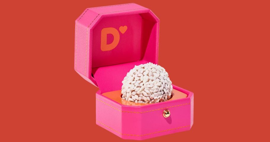 dunkin' "I Dough" Ring Box w/ a Wedding Cake MUNCHKIN against orange background