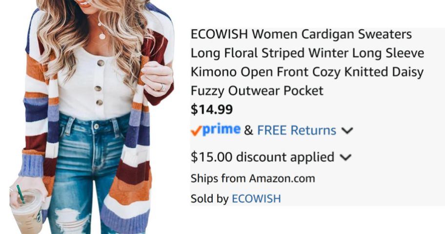 woman wearing cardigan sweater next to Amazon pricing information