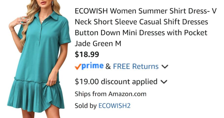woman wearing green dress next to Amazon pricing information