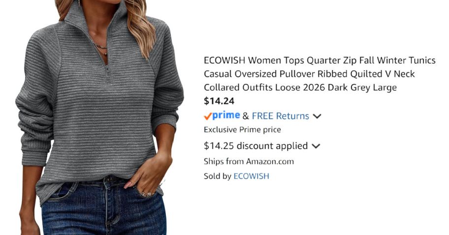 woman wearing gray sweater next to Amazon pricing information