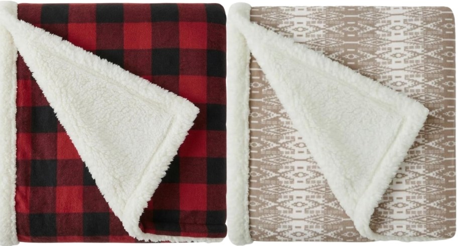 a red and black plaid throw shown with a tan and white patterned throw