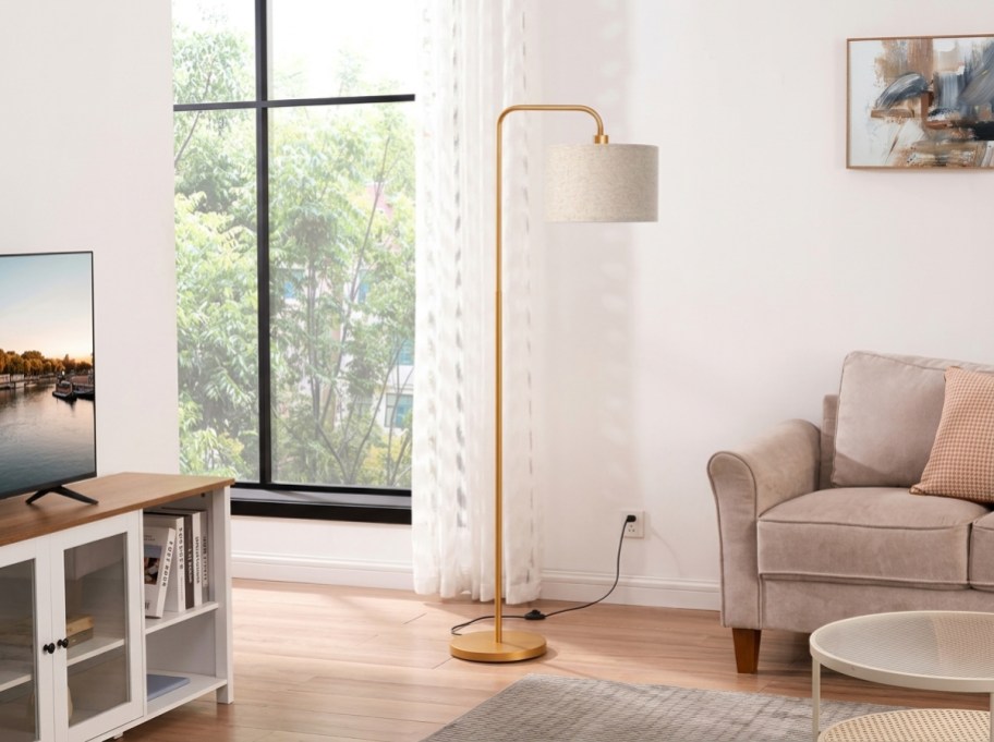 gold floor lamp in a living room