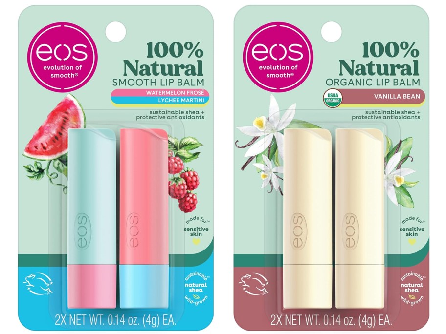 eos Natural Lip Balm Watermelon Frosé & Lychee Martini 2-Pack, Vanilla Bean 2-Pack