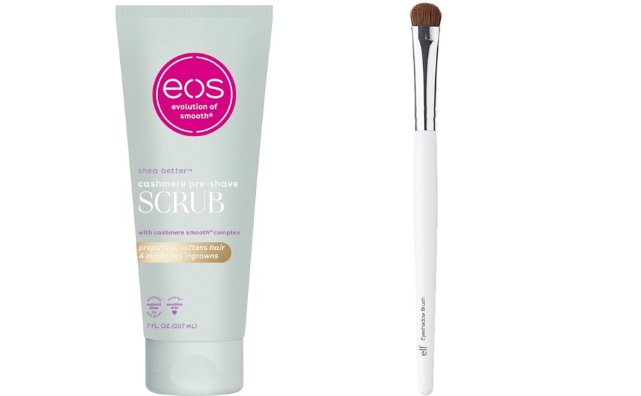 eos pre-shave scrub and elf eyeshadow brush