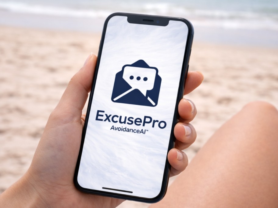 holding a phone on the beach open to ExcusePro app screen