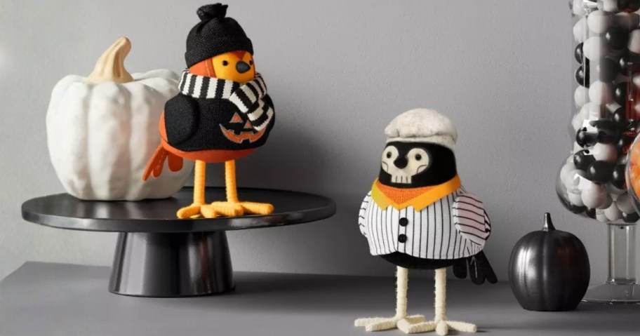 two Halloween themed decorative birds