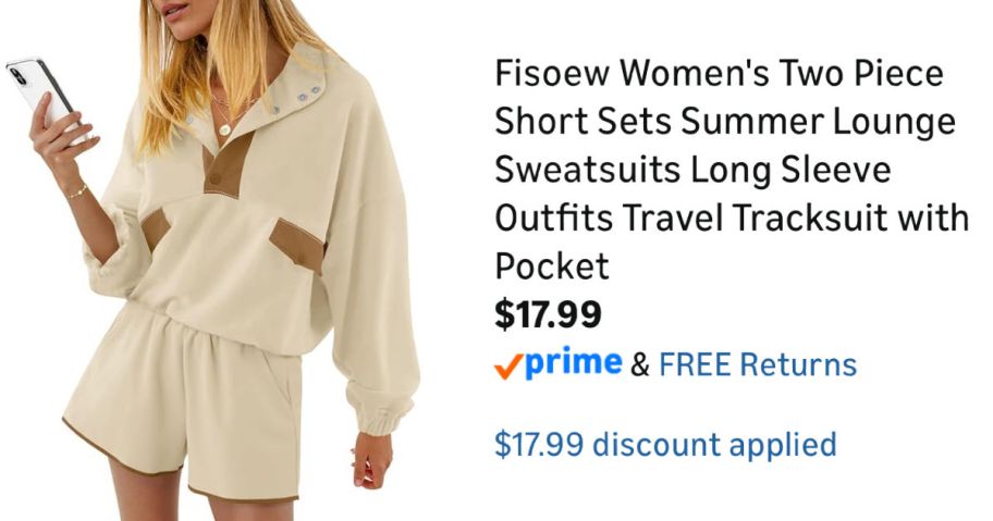 woman wearing beige lounge set next to Amazon pricing information