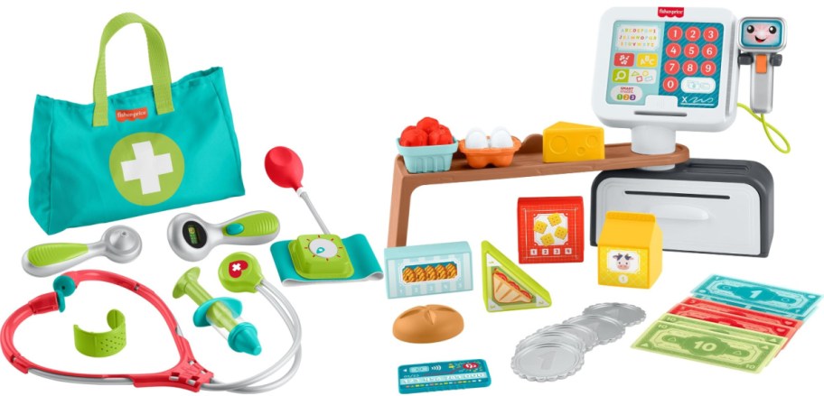 Toy playsets featuring a medical kit with a teal bag, stethoscope, and thermometer, next to a cash register, play food, and toy money.