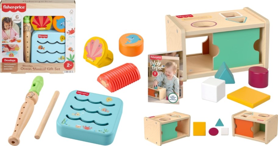 two fisher price wooden toys, a music set and a shape sorter