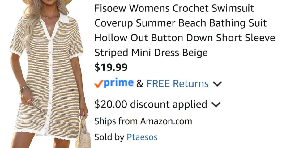 woman wearing striped dress next to Amazon pricing information