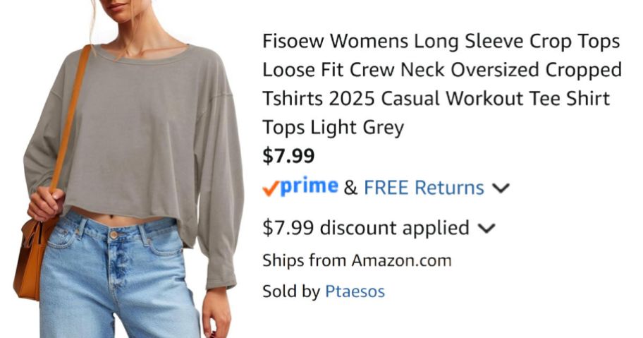 woman wearing gray shirt next to Amazon pricing information