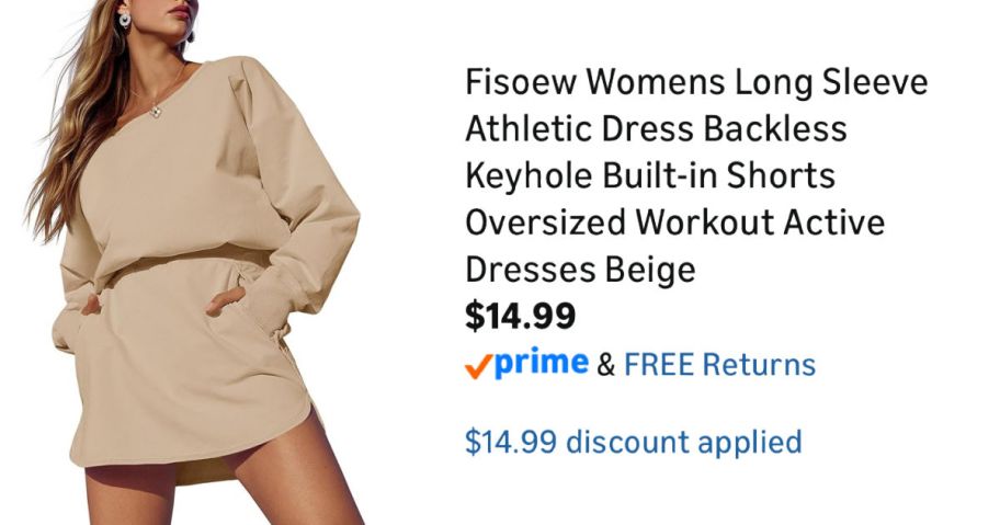 woman wearing tan dress next to Amazon pricing information