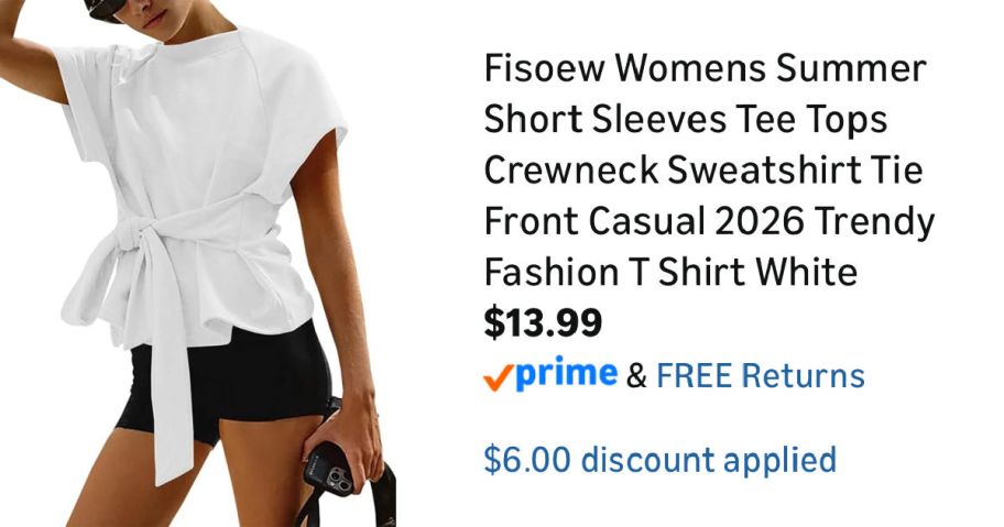 woman wearing white shirt next to Amazon pricing information